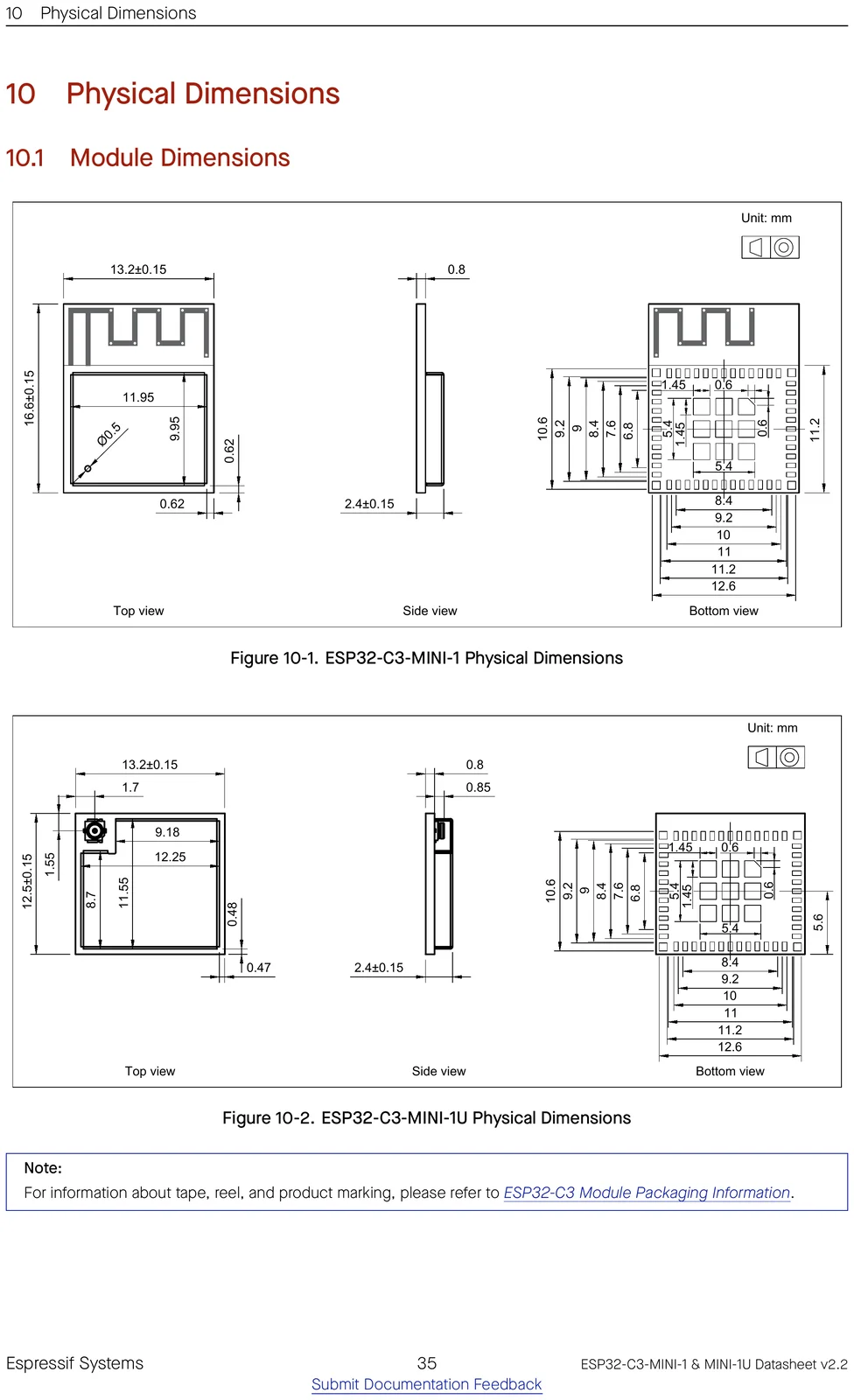 ESP32-C3-MINI-1 physical dimensions drawing