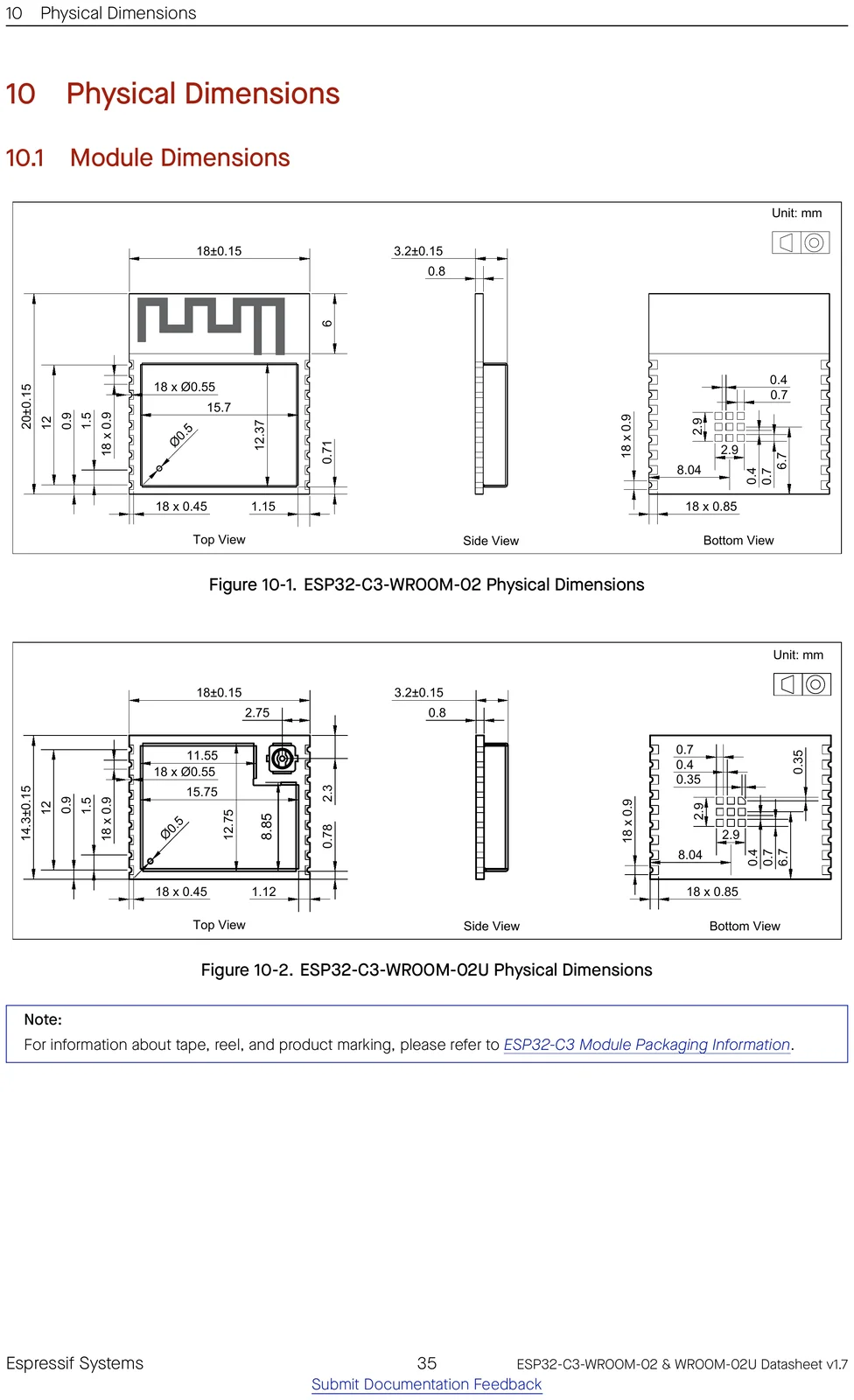 ESP32-C3-WROOM-02 physical dimensions drawing
