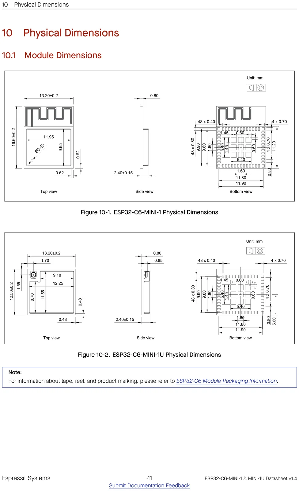 ESP32-C6-MINI-1 physical dimensions drawing