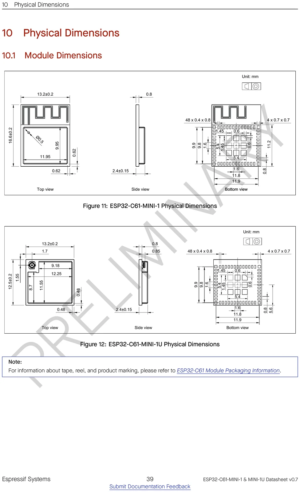 ESP32-C61-MINI-1 physical dimensions drawing