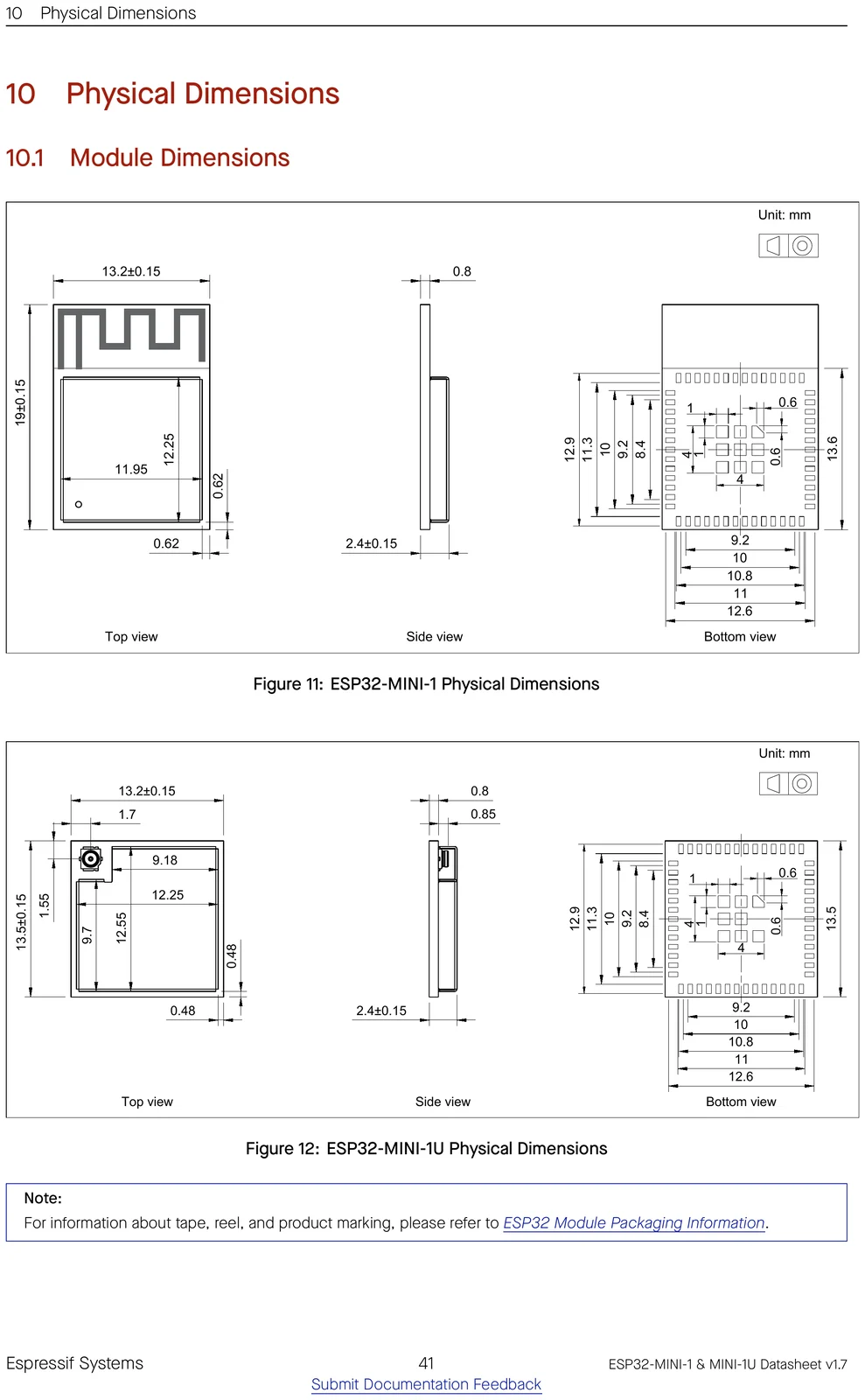 ESP32-MINI-1 physical dimensions drawing