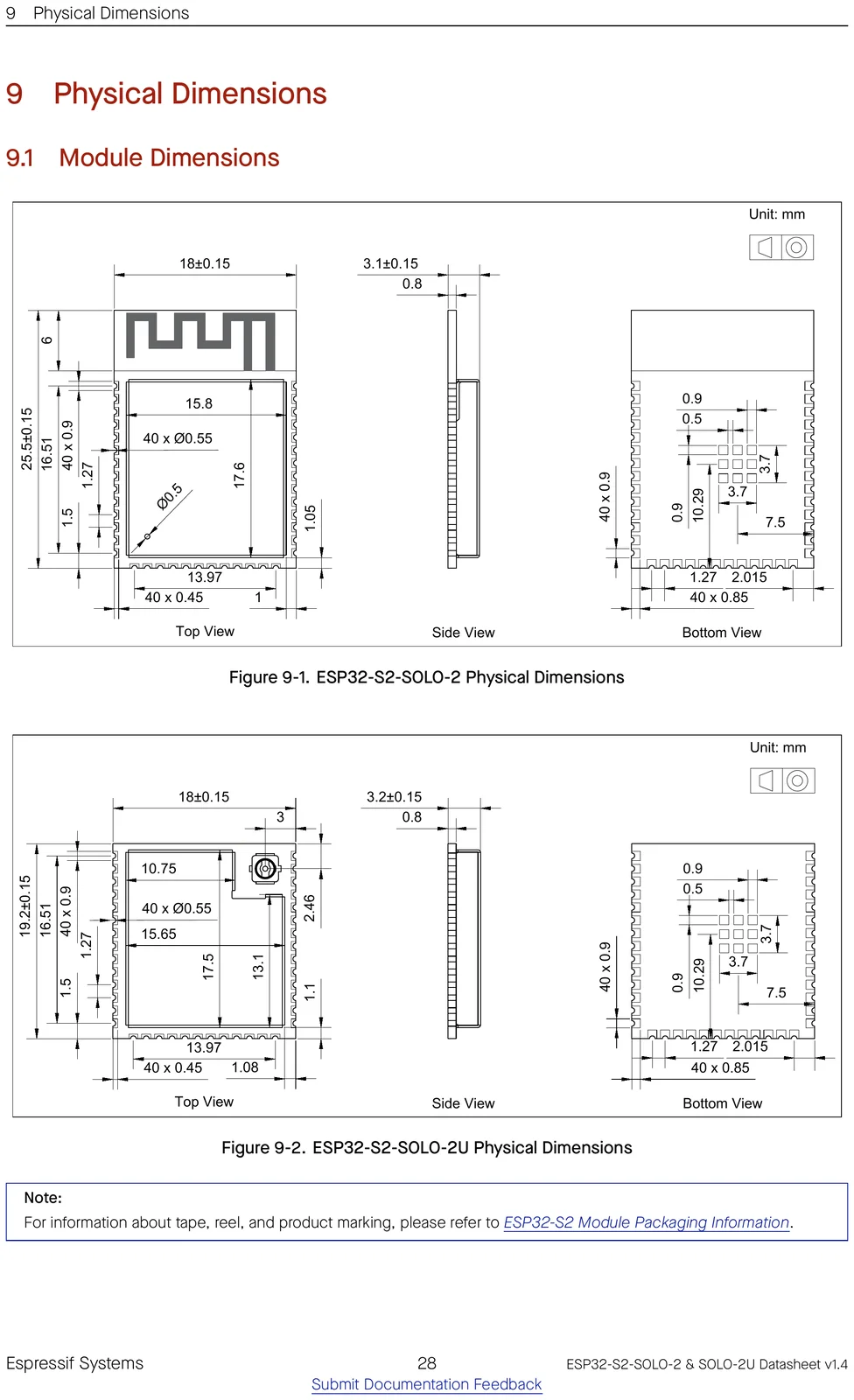 ESP32-S2-SOLO-2 physical dimensions drawing