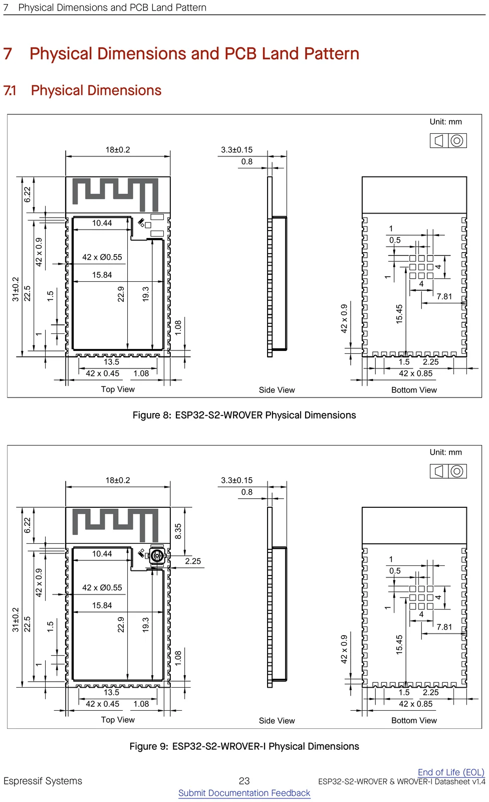 ESP32-S2-WROVER physical dimensions drawing