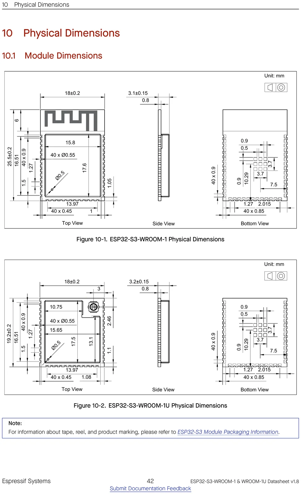 ESP32-S3-WROOM-1 physical dimensions drawing