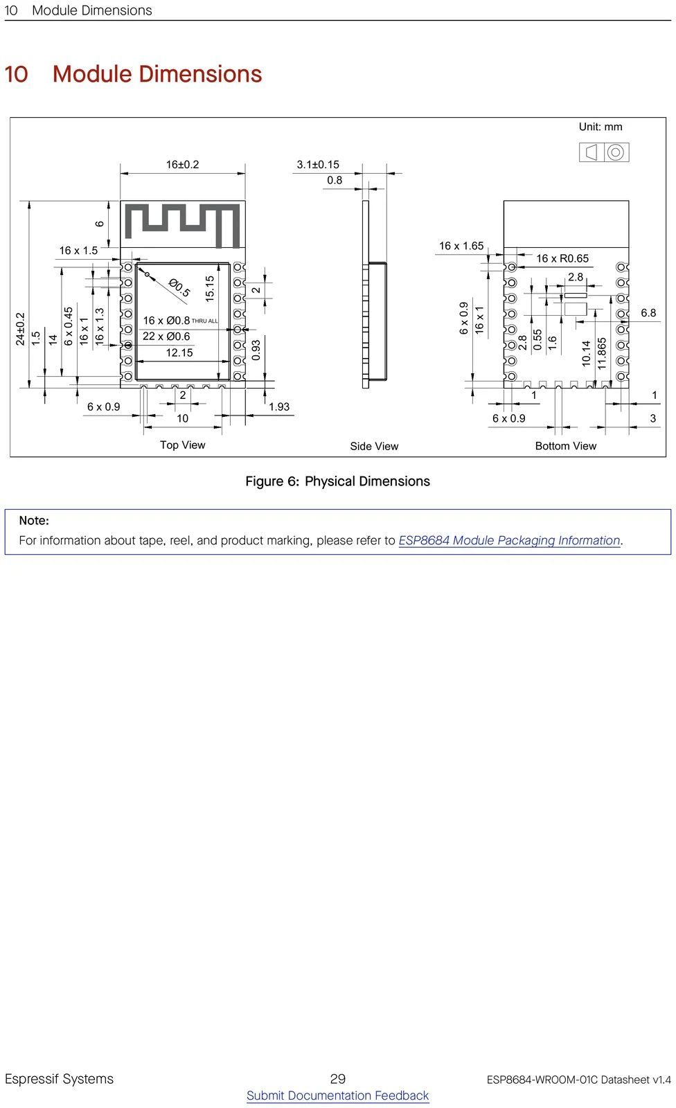 ESP8684-WROOM-01C physical dimensions drawing