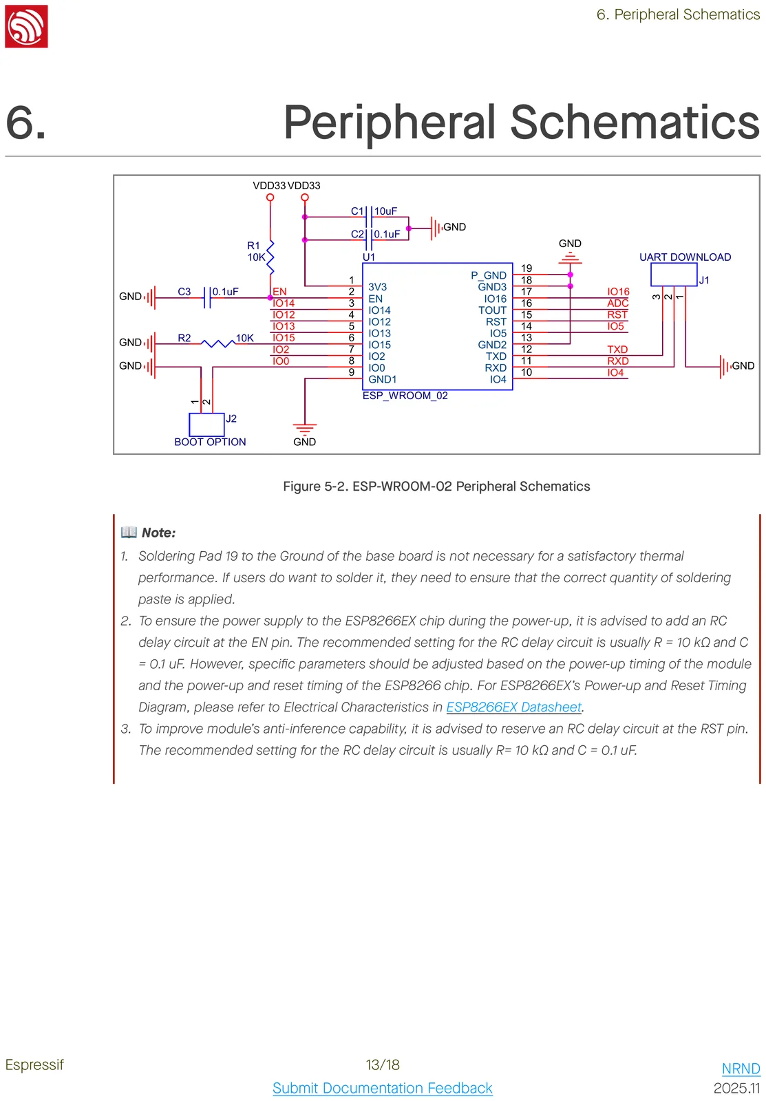 ESP-WROOM-02 peripheral / application schematic showing how to wire the module