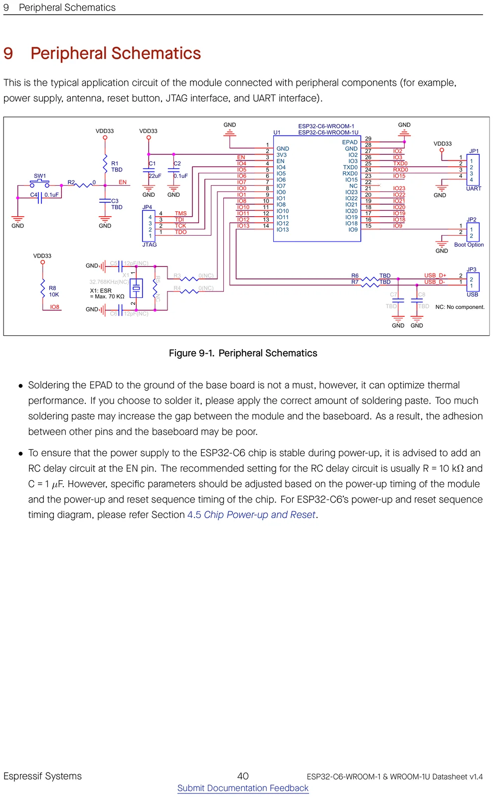 ESP32-C6-WROOM-1 peripheral / application schematic showing how to wire the module