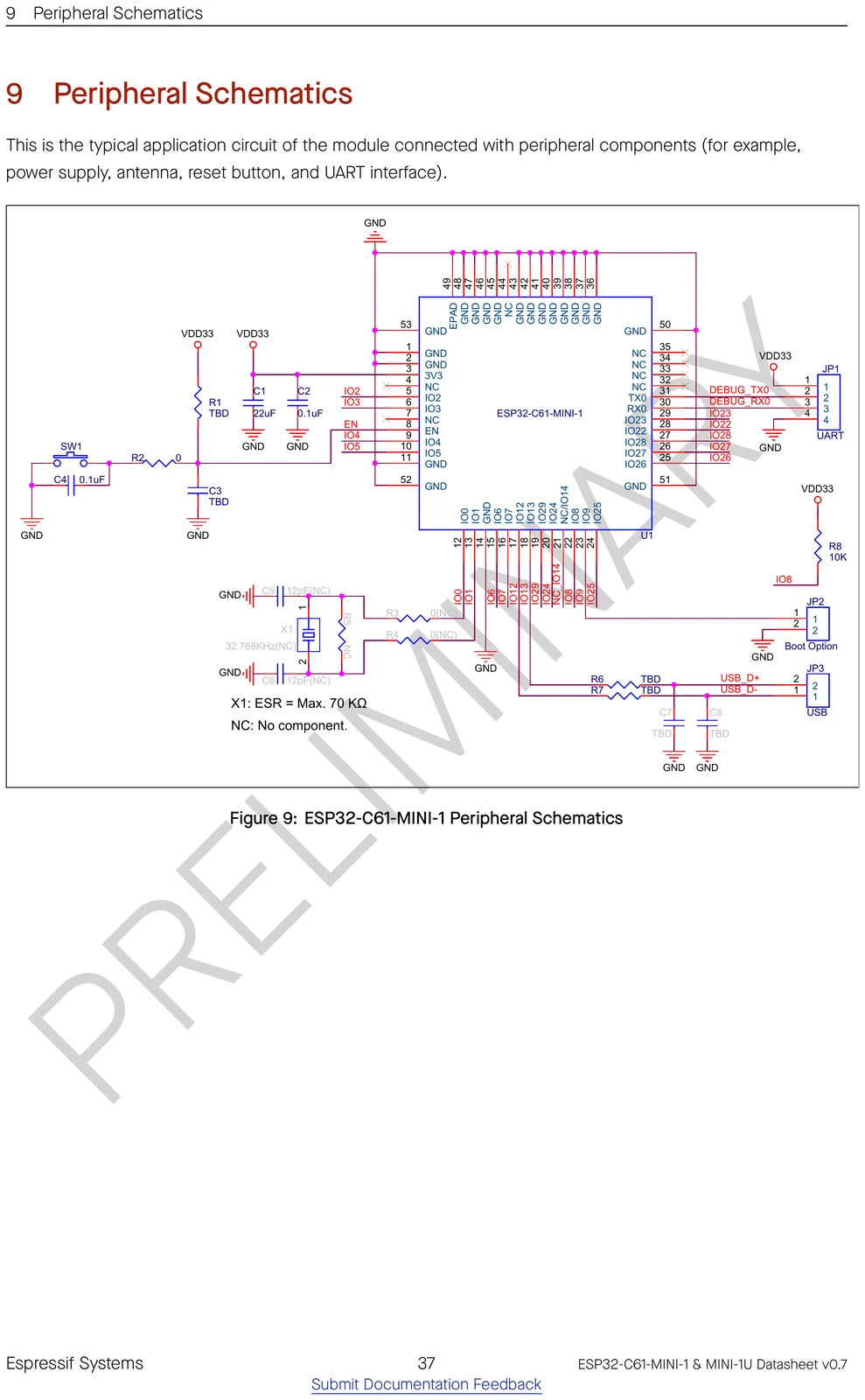ESP32-C61-MINI-1 peripheral / application schematic showing how to wire the module