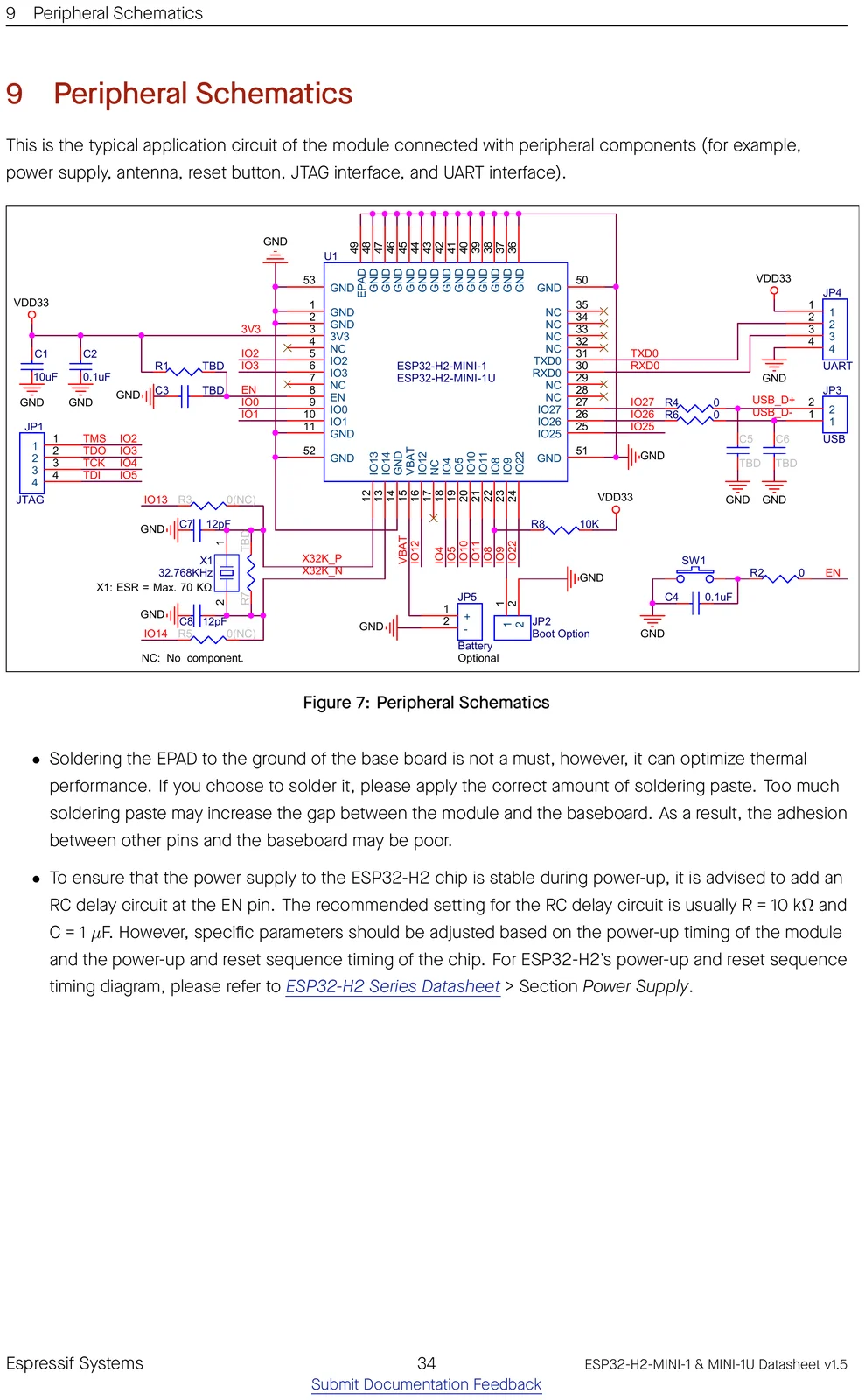 ESP32-H2-MINI-1 peripheral / application schematic showing how to wire the module
