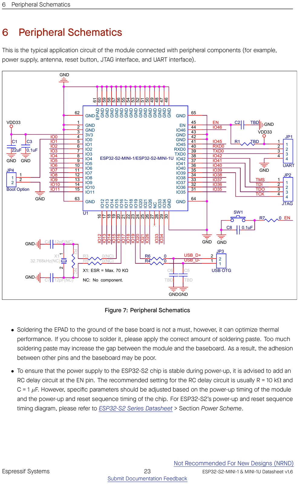 ESP32-S2-MINI-1 peripheral / application schematic showing how to wire the module
