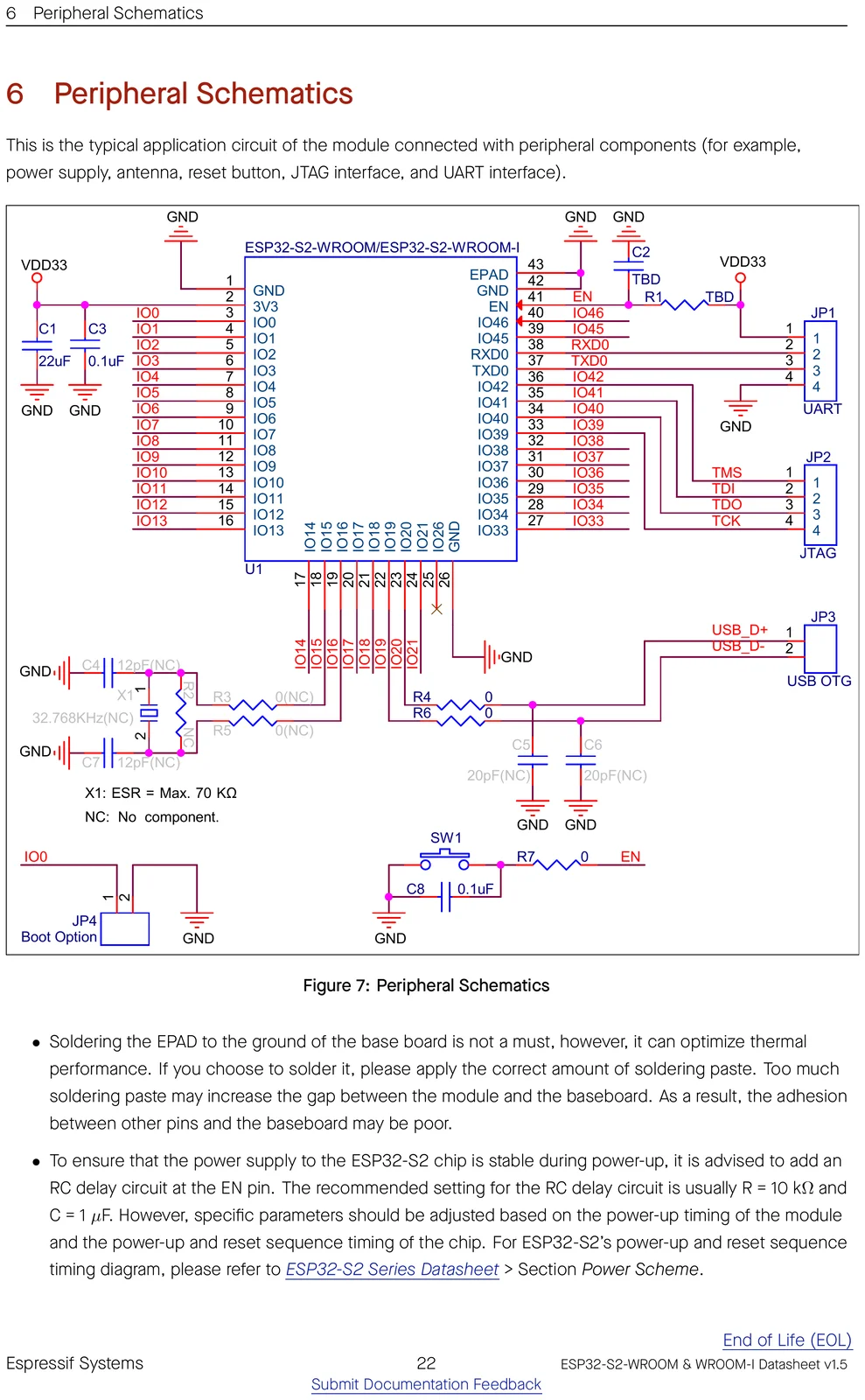 ESP32-S2-WROOM peripheral / application schematic showing how to wire the module