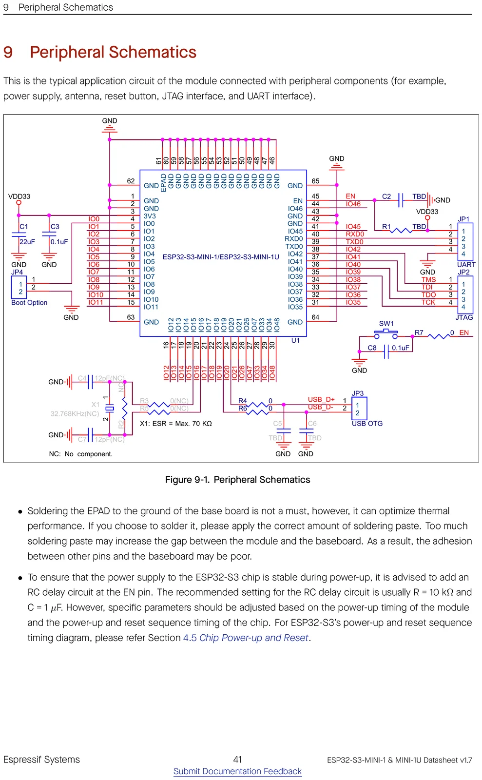 ESP32-S3-MINI-1 peripheral / application schematic showing how to wire the module
