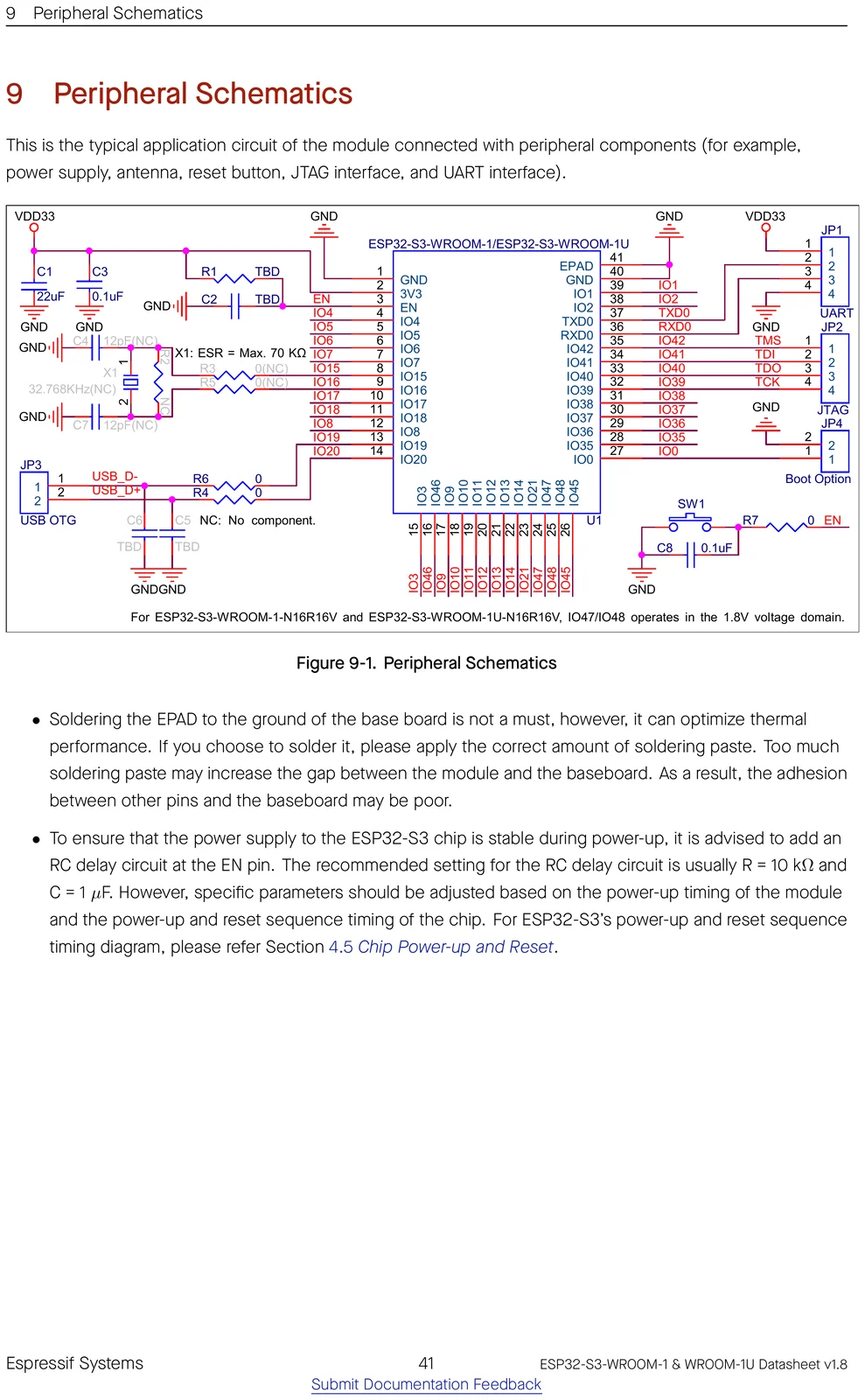 ESP32-S3-WROOM-1 peripheral / application schematic showing how to wire the module